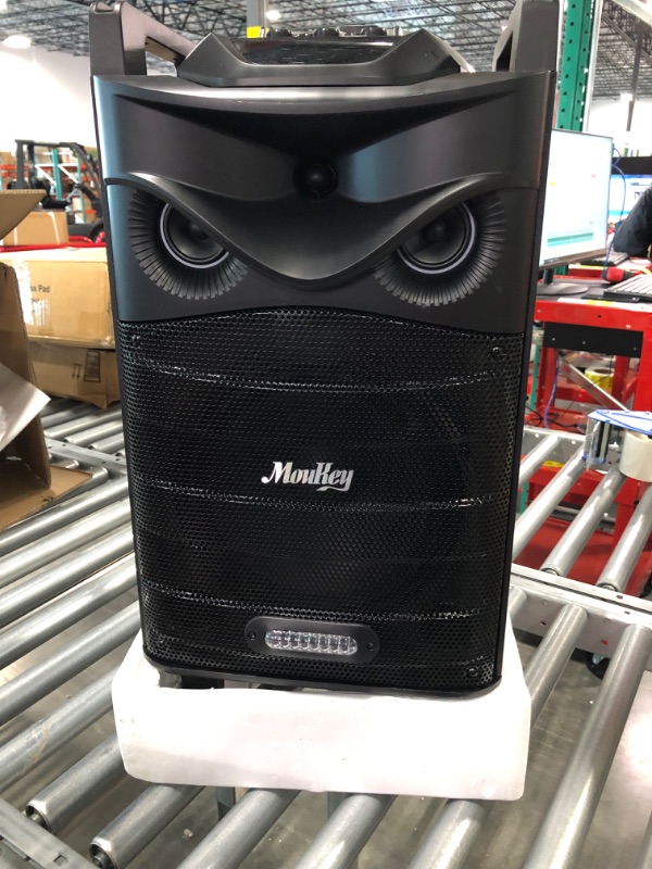 Photo 7 of Moukey Karaoke Machine, PA System Subwoofer, Portable Bluetooth Speaker w/ 2 Wireless Microphones, Lyrics Display Holder, Party Lights & Echo/Treble/Bass Adjustment, Support TWS/REC/AUX/MP3/USB/TF/FM 10" Subwoofer (One Mic has Minor Damage)