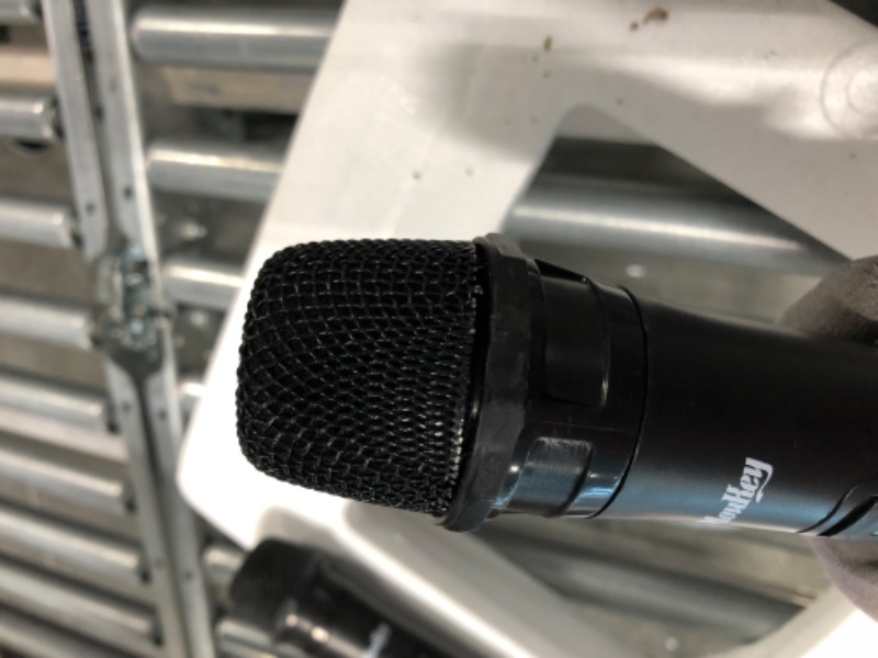 Photo 2 of Moukey Karaoke Machine, PA System Subwoofer, Portable Bluetooth Speaker w/ 2 Wireless Microphones, Lyrics Display Holder, Party Lights & Echo/Treble/Bass Adjustment, Support TWS/REC/AUX/MP3/USB/TF/FM 10" Subwoofer (One Mic has Minor Damage)