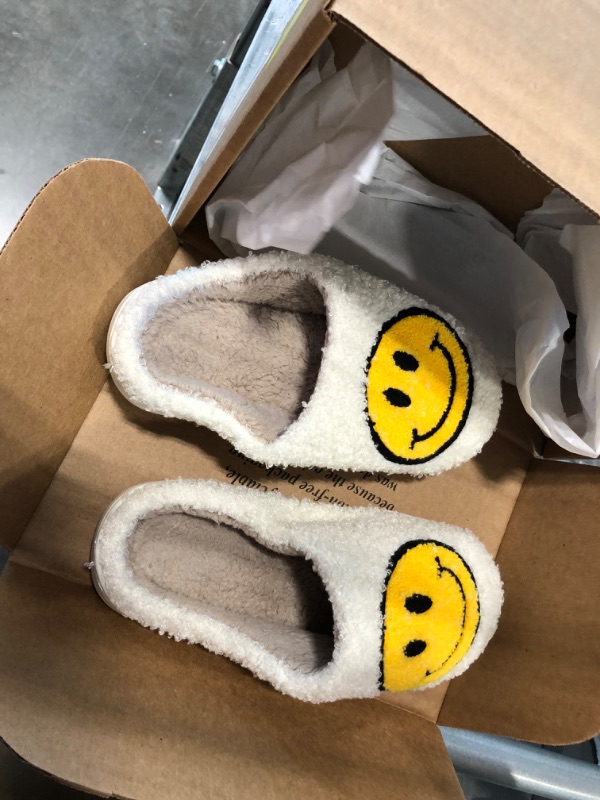 Photo 2 of OTELUXS Smiley Face Slippers For Women Evil Eyes Slippers Happy Lightning Bolt Memory Foam Fuzzy Soft Slip On House Shoes Winter Warm (Size 5-6)