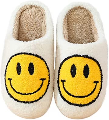 Photo 1 of OTELUXS Smiley Face Slippers For Women Evil Eyes Slippers Happy Lightning Bolt Memory Foam Fuzzy Soft Slip On House Shoes Winter Warm (Size 5-6)