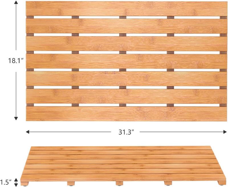 Photo 1 of Domax Wooden Bamboo Bath Shower Mat- Non-Slip Waterproof Large Bathroom Floor Mat for Indoor Outdoor (Bamboo, 31.3 x 18.1 x 1.5 Inches)