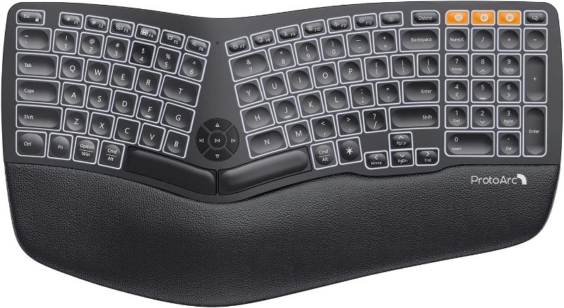 Photo 1 of ProtoArc Backlit Wireless Ergonomic Keyboard, EK01 Bluetooth Ergo Split Keyboard with Wrist Rest