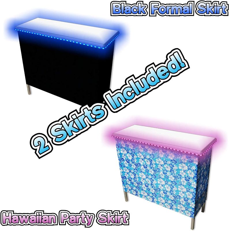 Photo 1 of Folding Portable Party Bar w/Multi-Color LED Lights, Black & Hawaiian Bar Skirts, and Storage Shelf 
