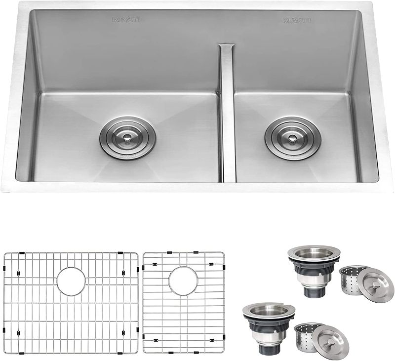 Photo 1 of Ruvati 28-inch Low-Divide Undermount Tight Radius 60/40 Double Bowl 16 Gauge Stainless Steel Kitchen Sink