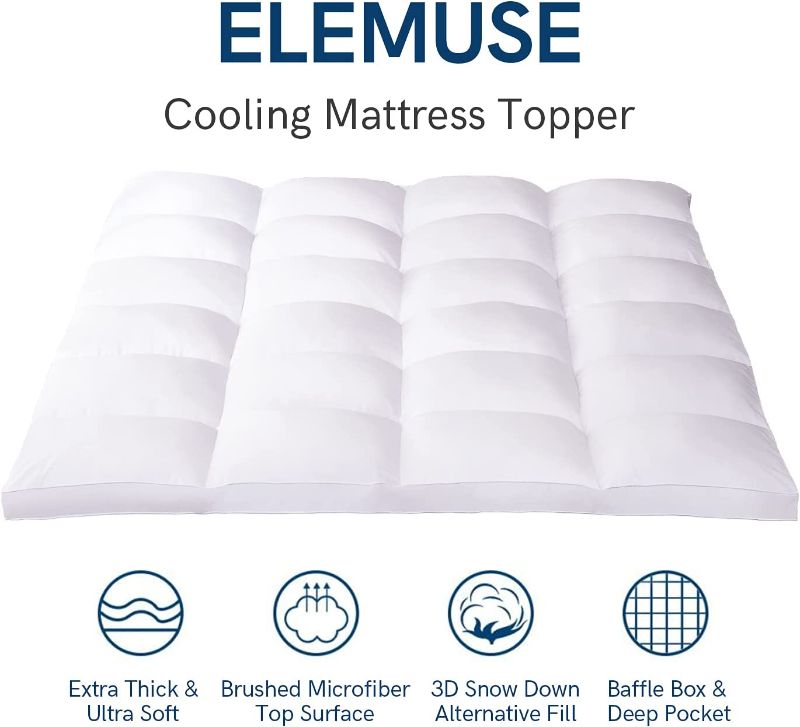 Photo 1 of ELEMUSE King Cooling Mattress Topper for Back Pain, Extra Thick Mattress pad Cover, Plush Soft Pillowtop with Elastic Deep Pocket, Overfilled Down Alternative Filling