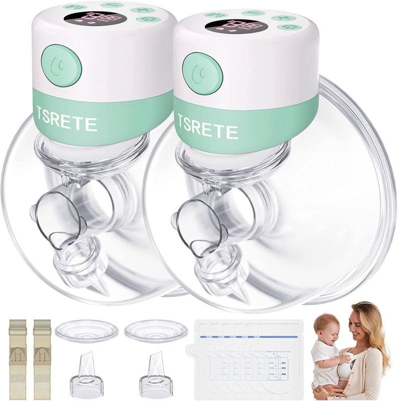 Photo 1 of TSRETE Breast Pump, Double Wearable Breast Pump, Electric Hands-Free Breast Pumps with 2 Modes, 9 Levels, LCD Display, Memory Function Rechargeable with Massage and Pumping Mode 24mm Flange-Green
