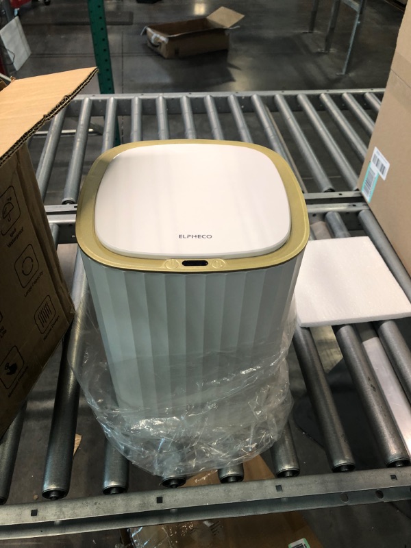 Photo 1 of ELPHECO 3.5 Gallon Bathroom Trash Can, 13.5 Litre Bedroom Motion Sensor Trash Can with Lids, Automatic Waterproof Trash Can for Bathroom, Living Room, Bedroom, Office, White with Golden Trim