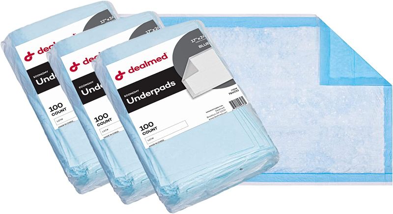 Photo 1 of Dealmed Economy Absorbency Medical Underpads, 300 Count Disposable 2-Ply Tissue Fill, 17" X 24”, Blue, Perfect as Pet Pads, Medical Table Barrier, Furniture Protection, 100 Count (3 Pack)
