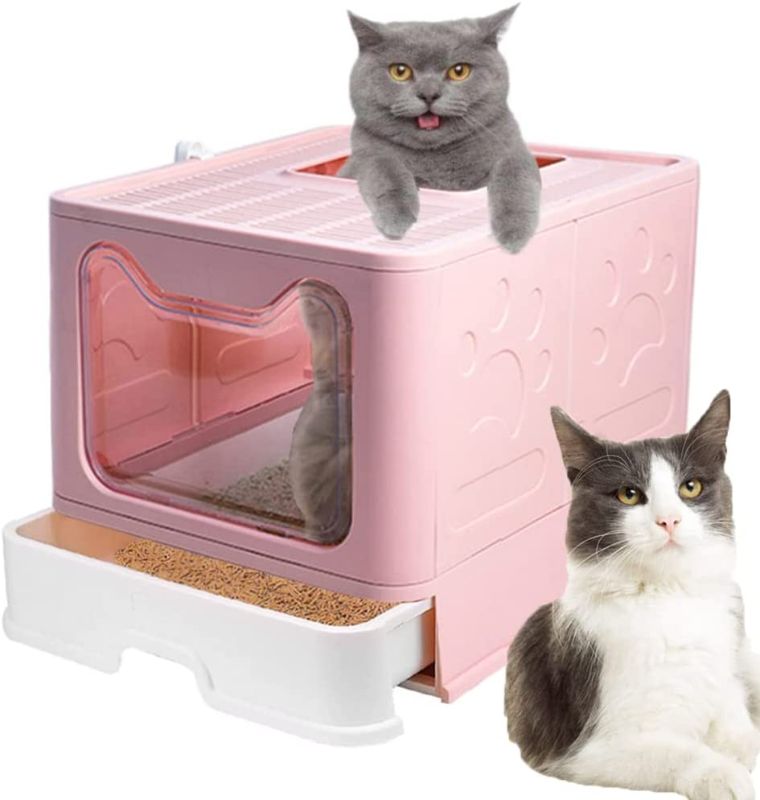 Photo 1 of Meikuler Cat Litter Box Large Litter Pan for Cats Foldable Litter Boxes Comes with Cat Litter Scoop (Pink)
