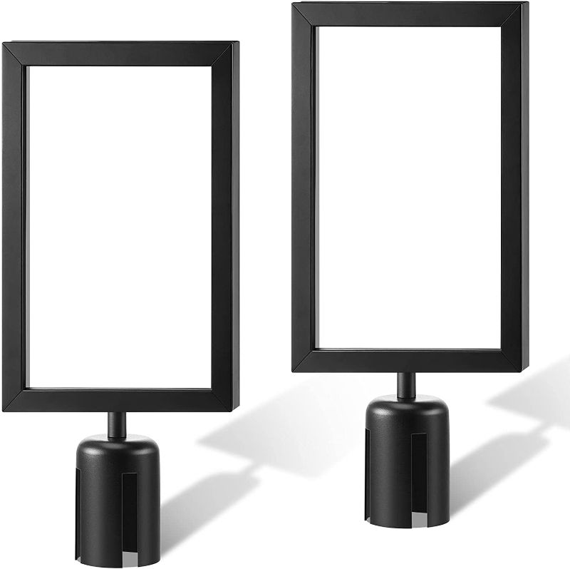 Photo 1 of Jecery 2 Pcs Stanchion Sign Holder Frame Portrait Top Stand Poster Display for 8.3 x 11.7 Inch Paper Size Double Sided Sign Frame with Cover for Crowd Control Sentry Stanchions (Black, Iron)
