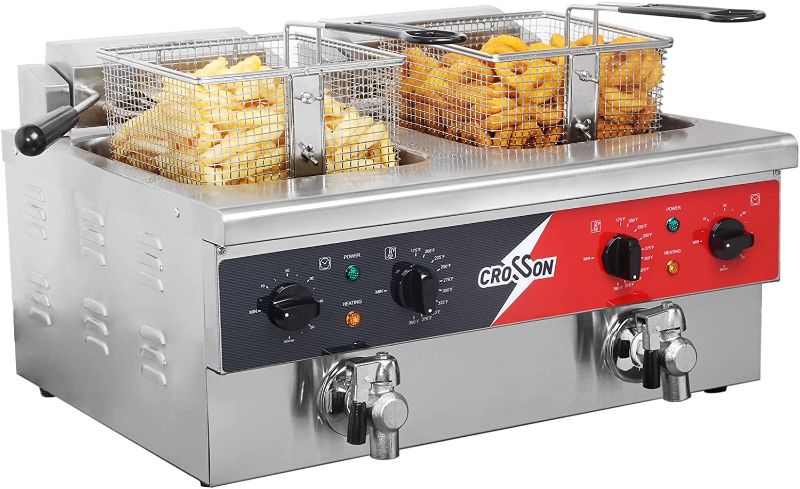 Photo 1 of CROSSON 12L Dual Tank Countertop Electric Deep Fryer with Drain,Solid Basket and Lid for Restaurant and Home Use 120V,3600W Stainless Steel Commercial Deep Fryer (EF-6V-2)
