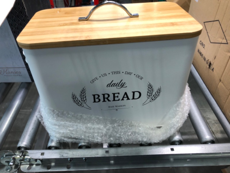 Photo 5 of Baie Maison Extra Large White Farmhouse Bread Box for Kitchen Countertop - Breadbox Holder Fits 2+ Loaves - Bread Storage Container Bin - Rustic Bread Keeper Vintage Metal Kitchen Decor for Counter