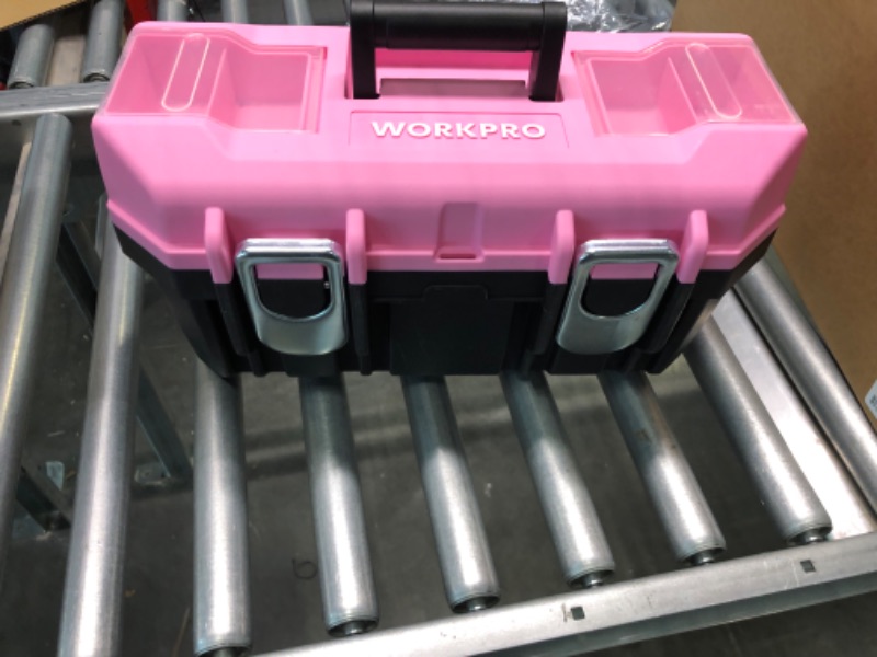 Photo 3 of WORKPRO 16-inch Tool Box, Pink Plastic Toolbox with Metal Latch and Removable Tray, Small Tool Storage Organizer with Lock Secured - Pink Ribbon Pink 16-inch
