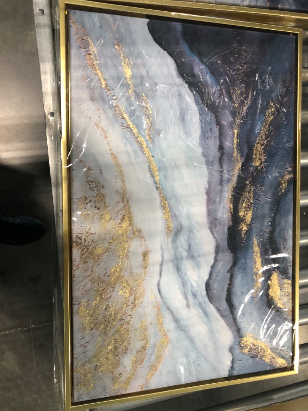 Photo 1 of Framed Gold And Blue Abstract Canvas Wall Art For Living Room-3 Pieces Blue River and Mountain Oil Painting For Bedroom-Large Gold Wall Decor for Office Kitchen 24x48 inches Ready To Hang Blue Abstract 16x24inches x3pcs