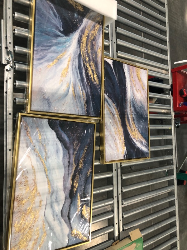 Photo 1 of Framed Gold And Blue Abstract Canvas Wall Art For Living Room-3 Pieces Blue River and Mountain Oil Painting For Bedroom-Large Gold Wall Decor for Office Kitchen 24x48 inches Ready To Hang Blue Abstract 16x24inches x3pcs