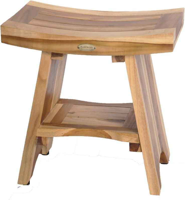Photo 1 of EcoDecors Serenity Shower Stool Natural Teak Wood Shower Bench with Curved Seat and Shelf, 2-Tier Wooden Shower Seat Spa Stool in Earthy Teak Finish - 18 inches
