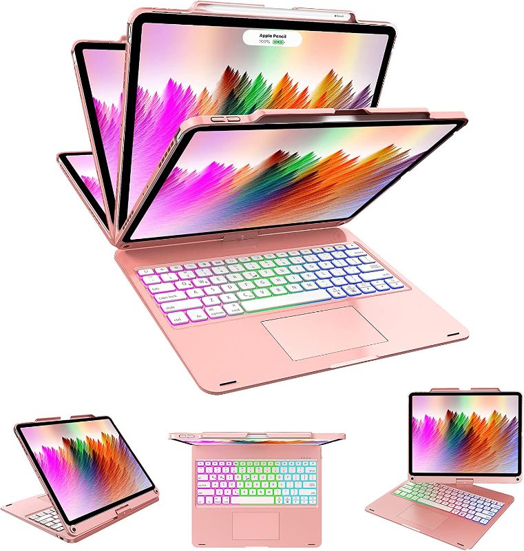 Photo 1 of Touch IPAD Pro12.9 Case with Keyboard 6th 2022 & 5th 2021 Gen, Magic 360°Rotatable & Swivel Keyboard with Trackpad, 7 Backlit Color with Pencil Holder for iPad Pro12.9 4th 2020 & 3rd 2018 Rose Gold