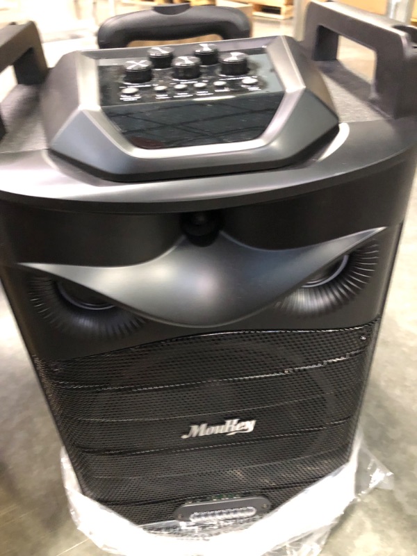 Photo 1 of Moukey Karaoke Machine, PA System Subwoofer, Portable Bluetooth Speaker w/ 2 Wireless Microphones, Lyrics Display Holder, Party Lights & Echo/Treble/Bass Adjustment, Support TWS/REC/AUX/MP3/USB/TF/FM 10" Subwoofer