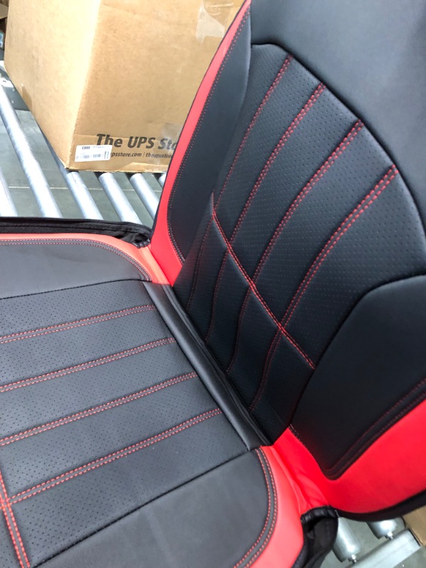 Photo 2 of Truckiipa Dodge Ram 2 Front Seat Covers Custom Fit for 2002-2023 1500 2500 3500 Pickup Crew Double Quad Cab Laramie Big Horn Full Coverage Waterproof Leather Truck Seat Protectors, Red Front Set/Red/Black A:Concave Front+Short Middle Rear