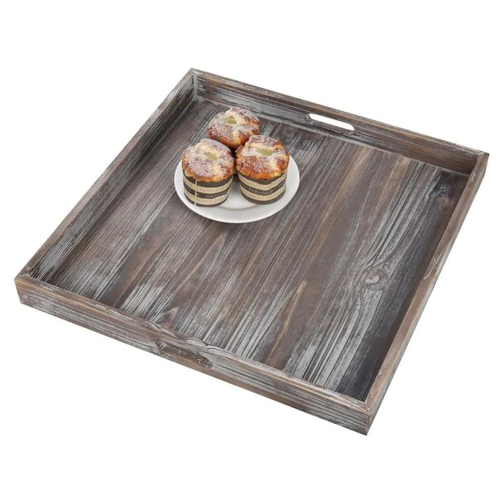 Photo 1 of 19-Inch Square Rustic Torched Wood Ottoman Tray