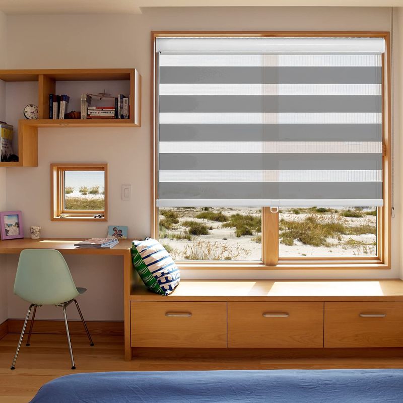 Photo 1 of AOSKY Zebra Blinds Cordless Zebra Shades for Windows Free-Stop Roller Windows Shades Dual Layer Light Control for Day and Nigh, Light Filtering Window Shades for Home Easy to Install W25 X H72, Grey
