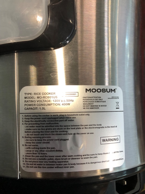 Photo 1 of MOOSUM Electric Rice Cooker with One Touch for Asian Japanese Sushi Rice, 5-cup Uncooked/10-cup Cooked, Fast&Convenient Cooker with Steamer, Stainless Steel Housing and Auto Warmer
