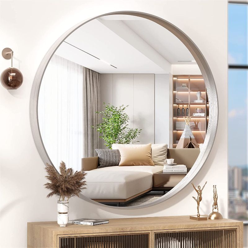 Photo 1 of Hasipu 24×24 Inch Round Wall Mirror for Bathroom, Silver Metal Frame Bathroom Mirrors, Wall Mounted Mirror (Horizontal/Vertical)