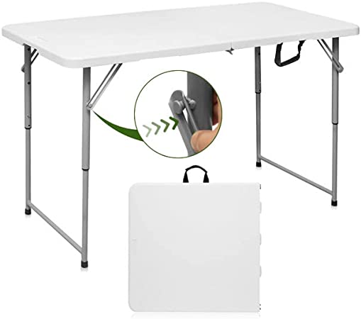 Photo 1 of Byliable Folding Table 4FT Portable Plastic Picnic Party Dining Camp Tables Indoor Outdoor, Height Adjustable Plastic Table, White Folding Card Table with Center Handle, No Assembly and Easy to Carry