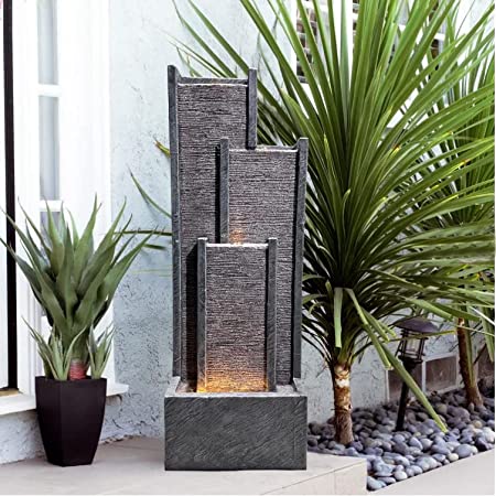 Photo 1 of SERBILHOME Water Fountain Outdoor Indoor Modern Cascading Floor-Standing Fountain with Led Lights and Pump- 39.3” H Contemporary Curves Garden Fountain for Office,House, Garden, Patio