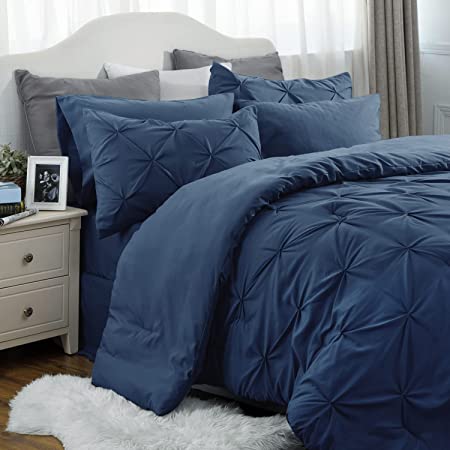 Photo 1 of Bedsure California King Comforter Set - Cal King Bed Set 7 Pieces, Pinch Pleat Navy Blue Cali King Bedding Set with Comforters, Sheets, Pillowcases & Shams
