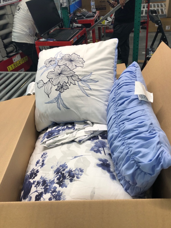 Photo 2 of Wellbeing King Size Comforter Set-Cotton King Bedding Comforter Sets-Blue Sophia Floral Printed Lightweight Bed Comforters-Bed Sets(5pcs-Navy Blue) King C-blue