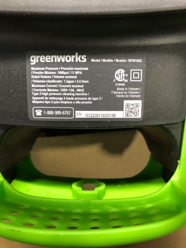 Photo 1 of Greenworks 1600 PSI (1.2 GPM) Electric Pressure Washer (Ultra Compact / Lightweight / 20 FT Hose / 35 FT Power Cord) Great For Cars, Fences, Patios, Driveways ---Missing Head Piece--