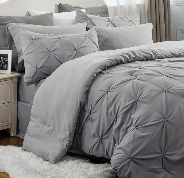 Photo 1 of Bedsure Queen Comforter Set - Bed in a Bag Queen 7 Pieces, Pintuck Beddding Sets Grey Bed Set with Comforters, Sheets, Pillowcases & Shams