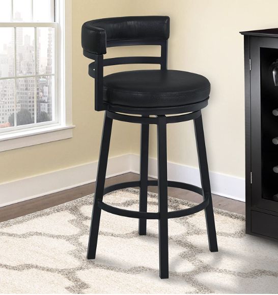 Photo 1 of Armen Living Madrid 30" Bar Height Swivel Barstool in Ford Black Faux Leather and Black Metal Finish