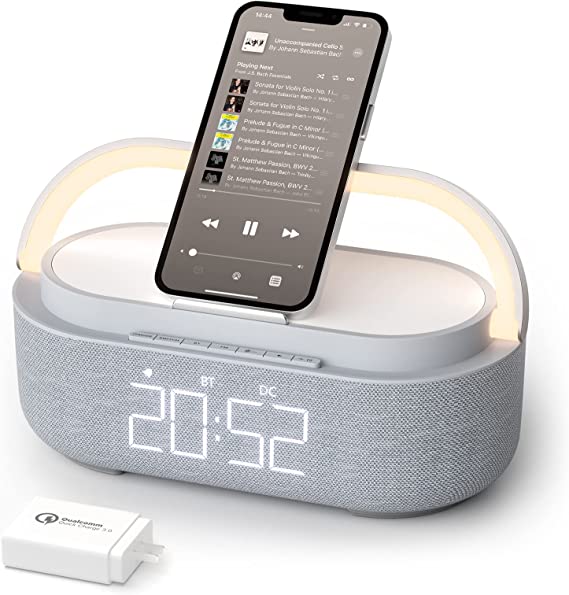 Photo 1 of ?2023 Newest? Bluetooth Speaker with Digital Alarm Clock, Wireless Charger, FM Clock Radio, Adjustable LED Night Light, Dual Wireless Speakers,2500mAh Battery for Bedroom,Home, Adaptor (Gray)

