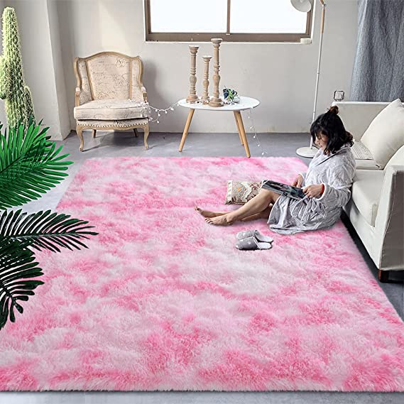 Photo 1 of DweIke Super Soft Shaggy Rugs Fluffy Carpets, Tie-Dye Rugs for Living Room Bedroom Girls Kids Room Nursery Home Decor,Non-Slip Machine Washable Carpet, Pink
