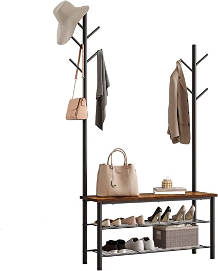 Photo 1 of JEROAL Industrial Coat Rack Shoe Bench with Mesh Shelves, Entryway Bench Coat Rack with 9 Coat Hook, Stable Hall Tree with Bench and Shoe Storage, Three in One Multifunctional Entryway Furniture
