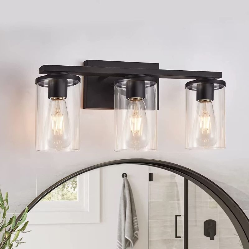 Photo 1 of 3 Light Bathroom Light Fixtures, Black Bathroom Vanity Light Fixtures Over Mirror, Modern Bathroom Vanity Lights with Clear Glass Shade, Wall Sconce Lighting for Bathroom Mirror Bedroom Living Room
