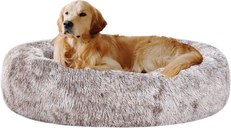 Photo 1 of Coohom Oval Calming Donut Cuddler Dog Bed,Shag Faux Fur Cat Bed Washable Round Pillow Pet Bed(30"/36"/43") for Small Medium Dogs (XXL(43"x34"x8"), Light Brown)