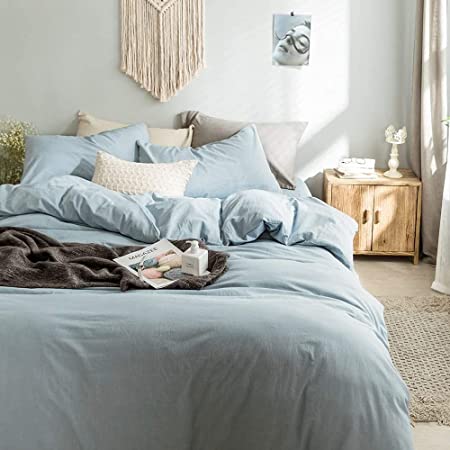 Photo 1 of Light Blue Duvet Cover King, 100% Natural 3 Pieces Washed Cotton Blue Bedding Set, Solid Color Casual Style Duvet Cover, with Zipper Ties, Ultra Soft Comfy Natural Wrinkled (Light Blue, queen)
