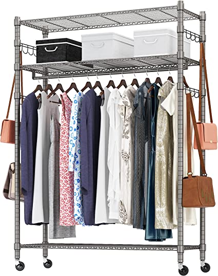 Photo 1 of Heavy Duty Clothes Rack, Adjustable Rolling Garment Rack with Shelves, Freestanding Wardrobe Rack 1 Clothes Hanging Bar, 3 tired Wire Shelving, 4 Hanger Hooks - Hold Up to 400Lbs (Gray, 1Rod 4Hook)
