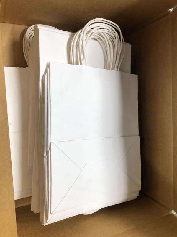 Photo 2 of bagmad 60 Pack Sturdy Medium White Kraft Paper Bags with Handles Bulk, Thicken Gift Bags 8x4.75x10 inch, Craft Grocery Shopping Retail Party Favors Wedding Bags Sacks (White, 100pcs)