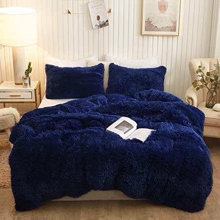 Photo 1 of XeGe Plush Shaggy Duvet Cover Set, Luxury Ultra Soft Crystal Velvet Fluffy Bedding Sets 3 Pieces(1 Furry Faux Fur Comforter Cover + 2 Fuzzy Faux Fur Pillowcases), Zipper Closure(King, Navy Blue)
