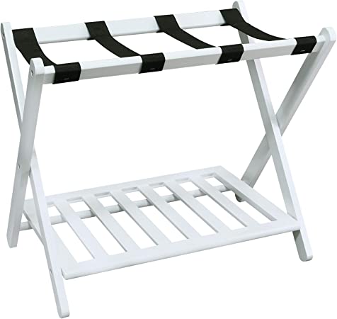 Photo 1 of SMIBUY Luggage Rack, Fully Assembled, Foldable Bamboo Suitcase Stand with Storage Shelf for Guest Room, Bedroom, Hotel, Heavy-Duty (White and Black)