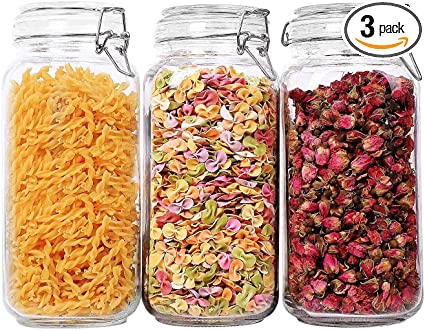 Photo 1 of ComSaf Airtight Glass Canister Set of 3 with Lids 78oz Food Storage Jar Square - Storage Container with Clear Preserving Seal Wire Clip Fastening for Kitchen Canning Cereal,Pasta,Sugar,Beans,Spice
