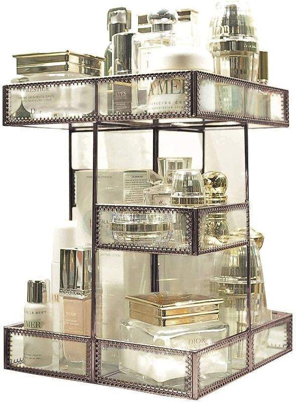 Photo 1 of 360 Degree Rotation Perfume Tray/Glass Organizador de Perfumes/Antique Countertop Vanity Cosmetic Storage Mirrorred Beauty Display, Brass Spin Vanity Tray/Perfume Toner Organizer
