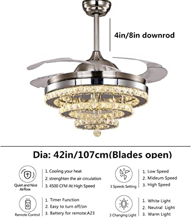 Photo 2 of Fandian 42" Crystal Ceiling Fan with Lights Remote Chandelier Fixture Modern Retractable Fandelier, 3 Color Changes Lighting Decors for Living Room Dining Room Bedroom 42in Silver-1