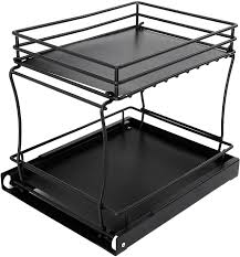 Photo 1 of Housoutil Metal Storage Shelves Rack Organizer Rotating Holder Shelf Double Dishware Sliding Rack Condiments Rack Kitchen Utensils Holders for Cabinet Kitchen Countertop Size L 2 Tier Tray
