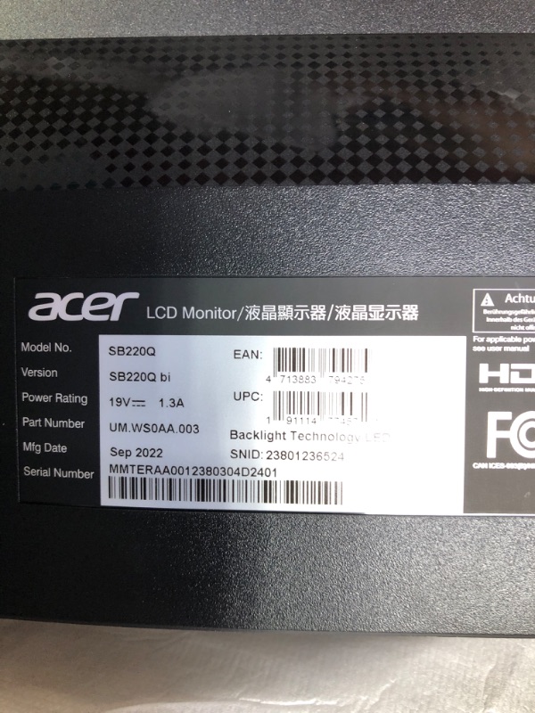 Photo 4 of Acer 21.5 Inch Full HD (1920 x 1080) IPS Ultra-Thin Zero Frame Computer Monitor (HDMI & VGA Port), SB220Q bi