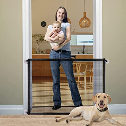 Photo 1 of Baby Gate Pet Gate Magic Gate for Dogs, Queenii Safety Guard Gate Retractable Mesh Dog Gate, Portable Folding Child's Safety Gates Install Anywhere, Safety Fence for Hall Doorway Wide 43.14"-white
